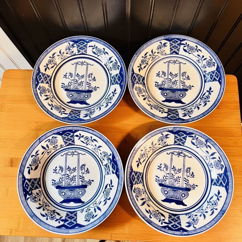 Set of 4 Rare Chinese Exported Vintage Antique Blue and White Deep Plate Bowl 9”